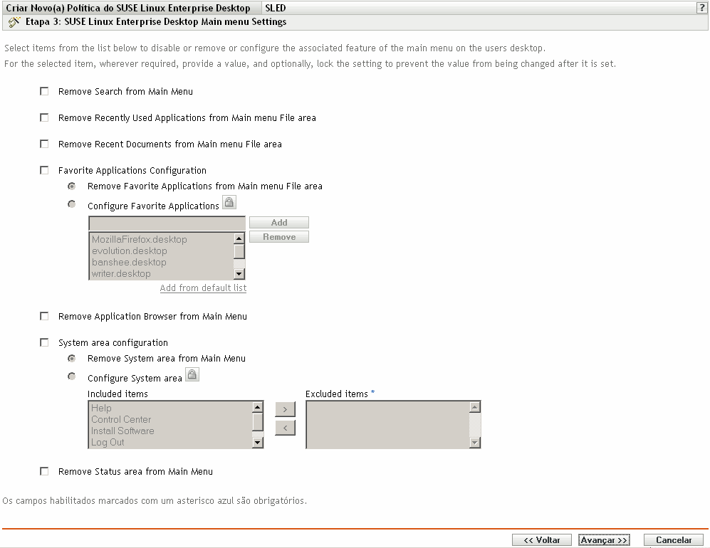 Página de Configurações do Menu Principal do SUSE Linux Enterprise Desktop