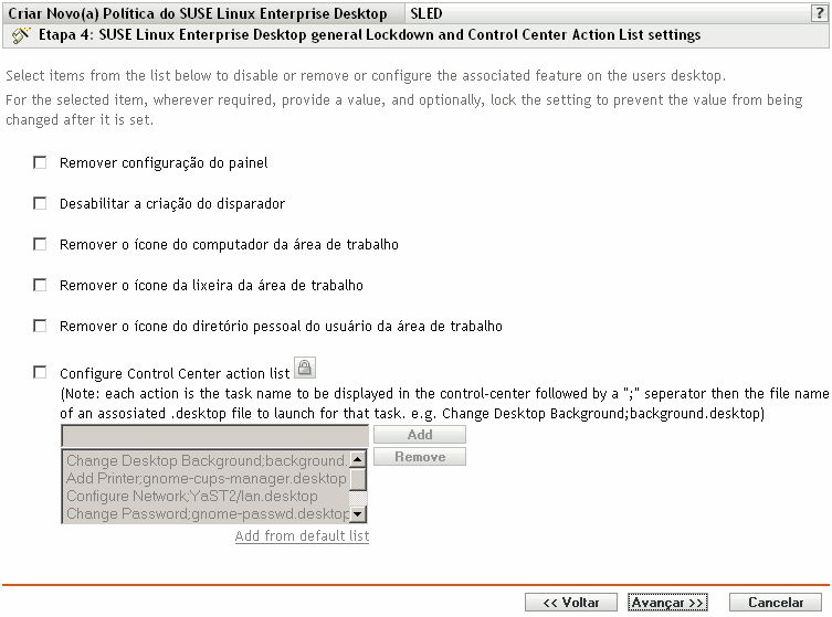 Bloqueio Geral do SUSE Linux Enterprise Desktop e página Configurações da Lista de Ações do Control Center