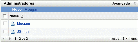 Lista Administradores na página Configuração