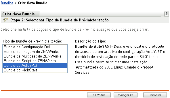 Página da etapa 2 para criar um novo bundle: Selecionar Tipo de Bundle de Pré-inicialização