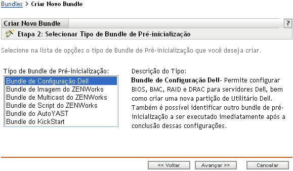 Página da etapa 2 para criar um novo bundle: Selecionar Tipo de Bundle de Pré-inicialização