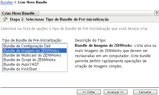 Página da etapa 2 para criar um novo bundle: Selecionar Tipo de Bundle de Pré-inicialização