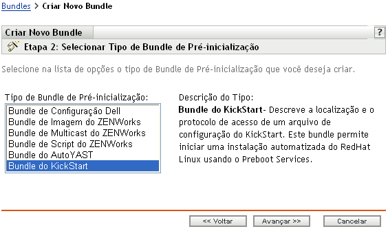 Página da etapa 2 para criar um novo bundle: Selecionar Tipo de Bundle de Pré-inicialização