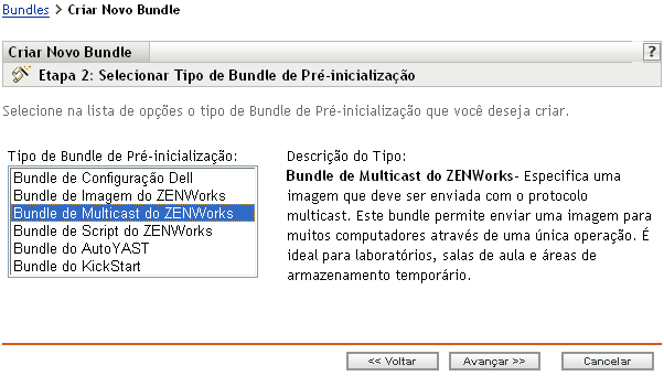 Etapa 2 para criar um novo bundle: Selecionar Tipo de Bundle de Pré-inicialização