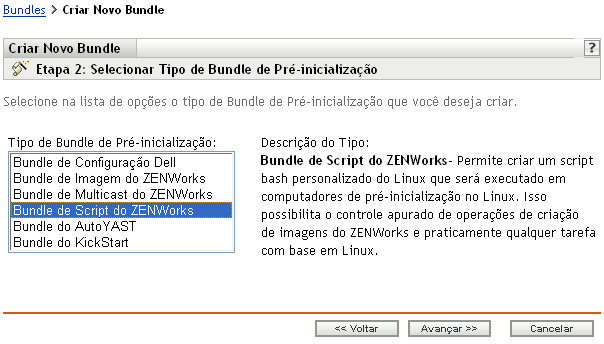Página da etapa 2 para criar um novo bundle: Selecionar Tipo de Bundle de Pré-inicialização