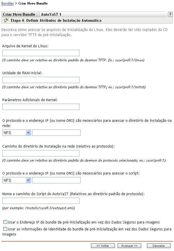 Página da etapa 4 para criar um novo bundle: Definir Atributos de Instalação Automática (campos Arquivo de Kernel do Linux e Unidade de RAM Inicial)