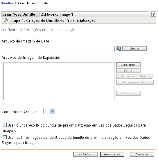 Página da etapa 4 para criar um novo bundle: Criação de Bundle de Pré-inicialização (campos Arquivo de Imagem de Base, Arquivos de Imagem de Expansão e Conjunto de Arquivos)