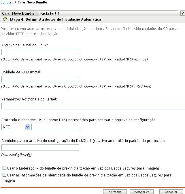 Página da etapa 4 para criar um novo bundle: Definir Atributos de Instalação Automática (campos Arquivo de Kernel do Linux e Unidade de RAM Inicial)