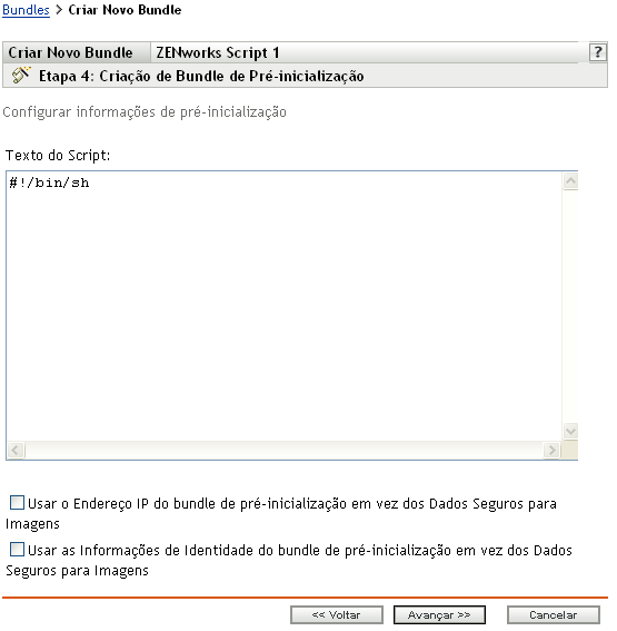 Página da etapa 4 para criar um novo bundle: Criação de Bundle de Pré-inicialização (campo Texto do Script)