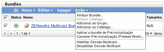 Opções do menu Ação da guia Bundles
