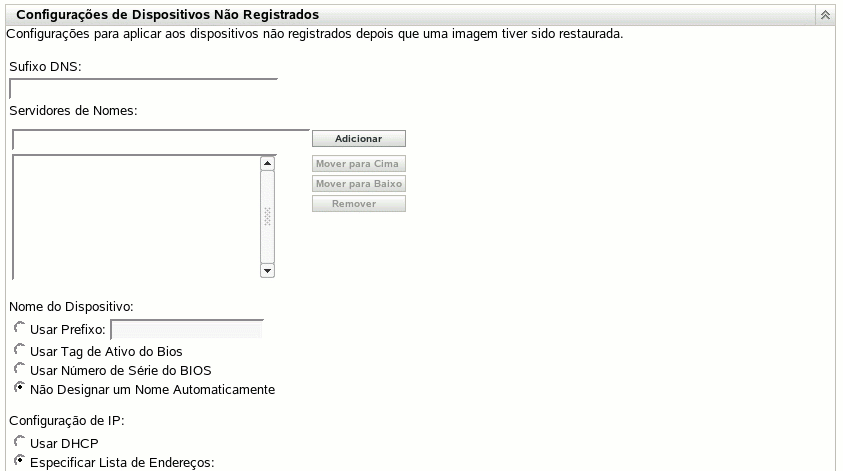 Seção Configurações de Dispositivos Não-registrados
