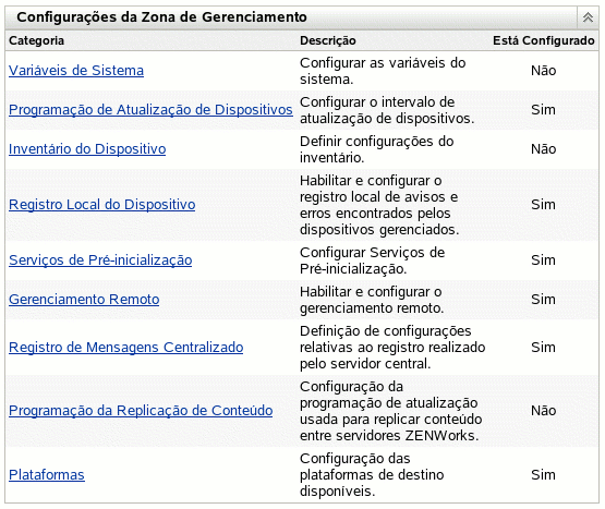 Menu Configurações da Zona de Gerenciamento