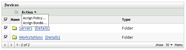Opções do menu Novo da guia Dispositivos