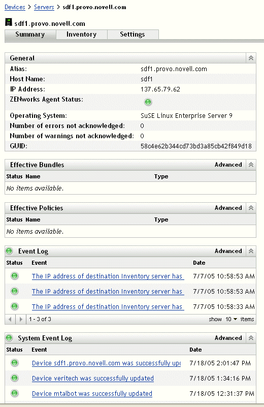 Página de resumo do servidor