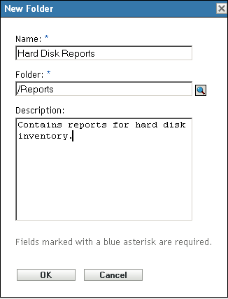 Caixa de diálogo de criação de pasta de relatórios