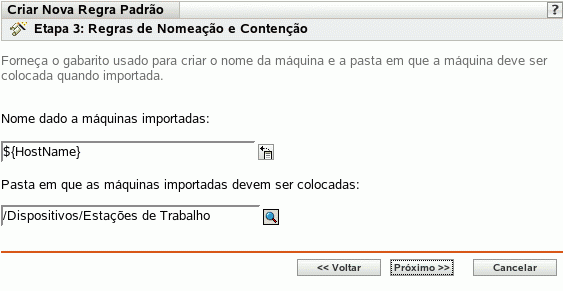 Página Regras de Nomeação e Contenção