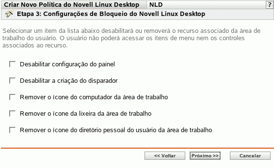 Página Configurações de Bloqueio do Novell Linux Desktop