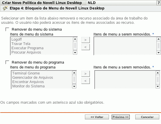 Página Bloqueio de Menu do Novell Linux Desktop
