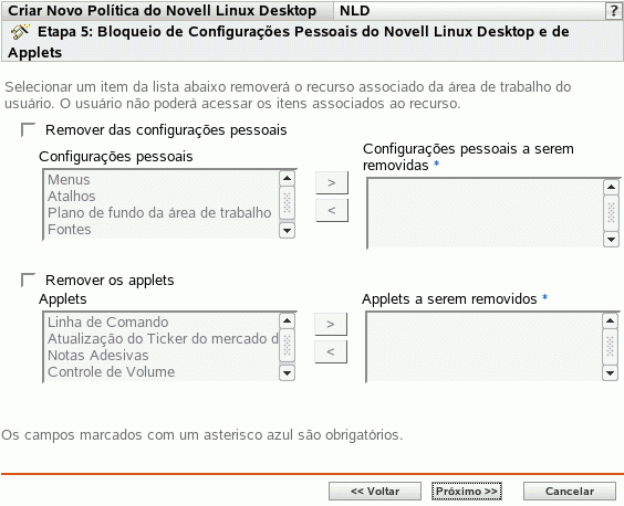 Página Bloqueio de Configurações Pessoais do Novell Linux Desktop e de Applets