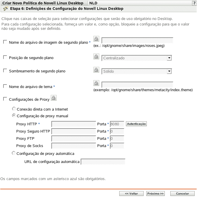Página Definições de Configuração do Novell Linux Desktop