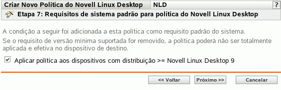 Página Requisitos de Sistema Padrão para Política do Novell Linux Desktop