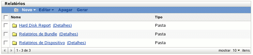 Nova pasta na página Relatórios