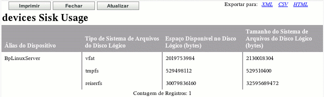 Página Geração de relatórios