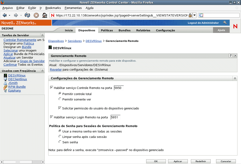Página Gerenciamento Remoto
