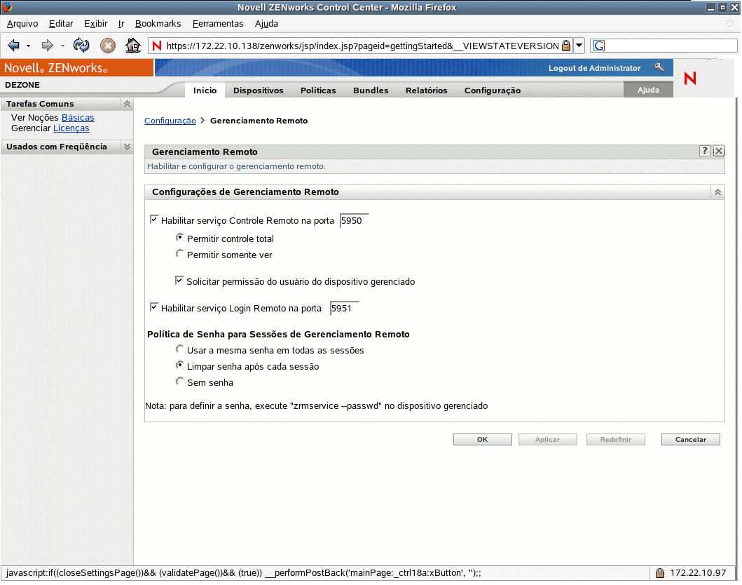 Página Gerenciamento Remoto