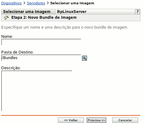 Página da etapa 2 para criar um novo bundle: Novo Bundle de Imagem (campos Nome, Pasta de Destino e Descrição)