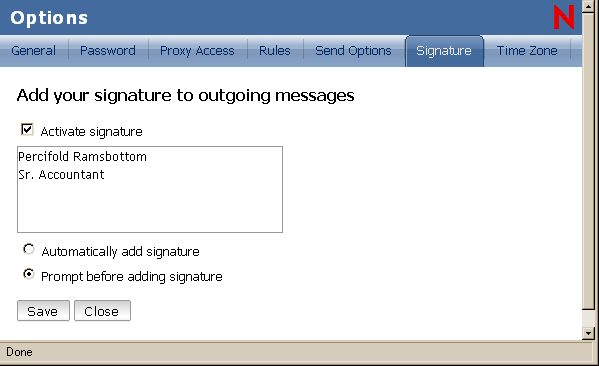 Options view with Signature selected