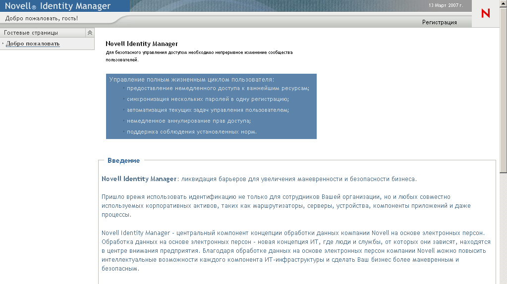 Страница приветствия гостя в User Application