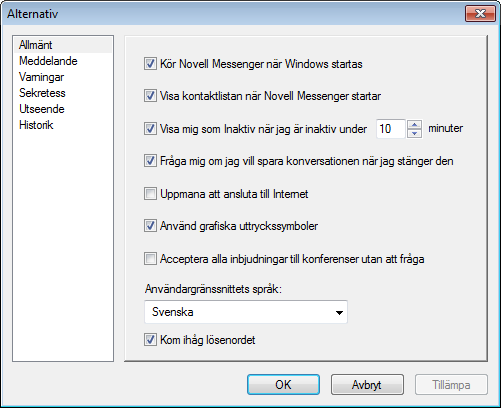 Dialogrutan Alternativ för Messenger