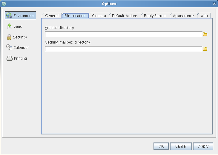 Environment dialog box with the File Location tab open
