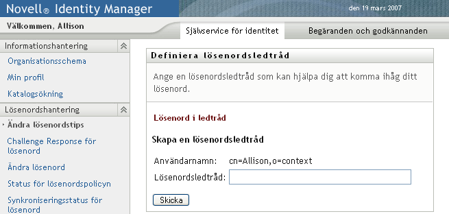 Status på sidan Definiera lösenordsledtråd