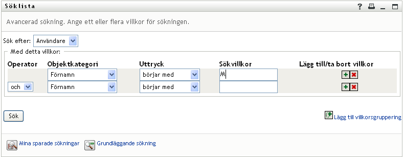 Ange avancerade sökvillkor på sidan Söklista
