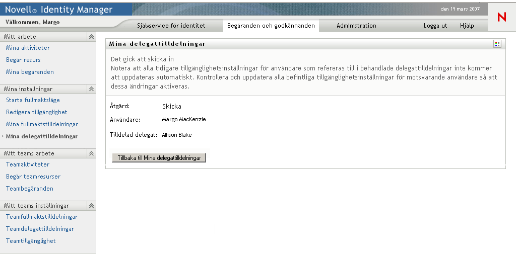 Sändningsmeddelandet Mina ombudstilldelningar 