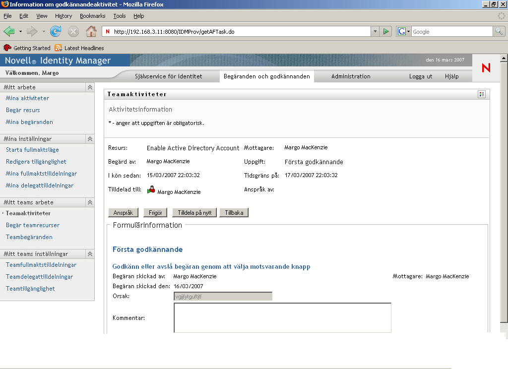 Formuläret Aktivitetsinformation