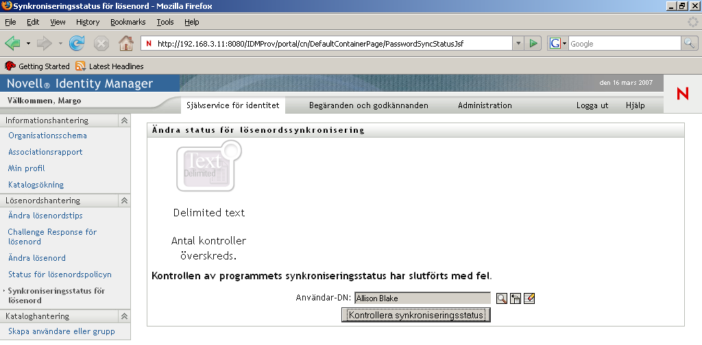 Sidan Synkroniseringsstatus för lösenord