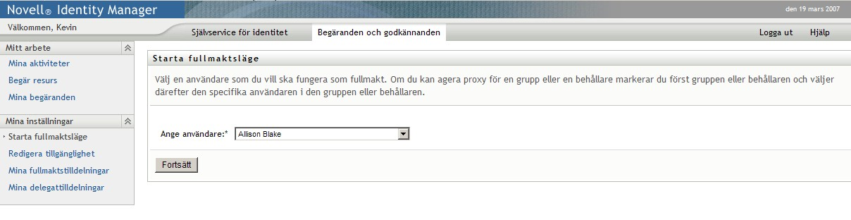 Sidan Starta fullmaktsläge 