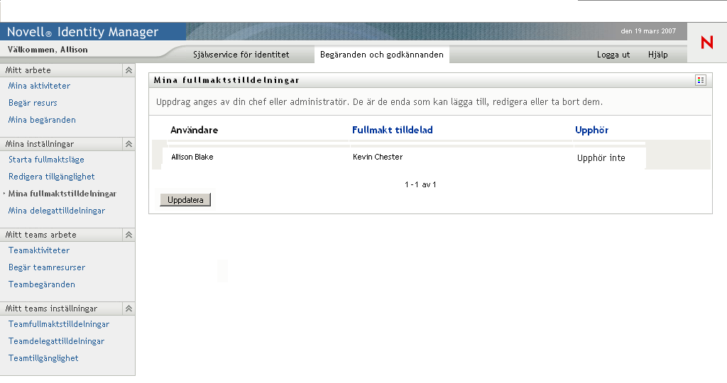 Sidan Mina fullmaktstilldelningar 