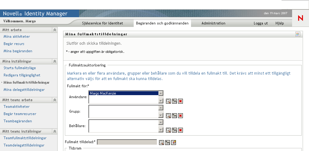 Sidan Mina fullmaktstilldelningar 