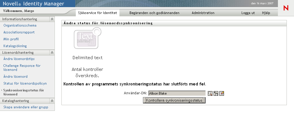 Sidan Synkroniseringsstatus för lösenord