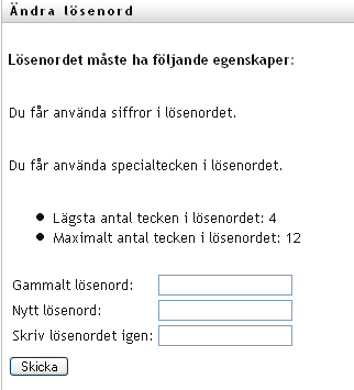 Status för lösenordsbyte på sidan Byte av lösenord