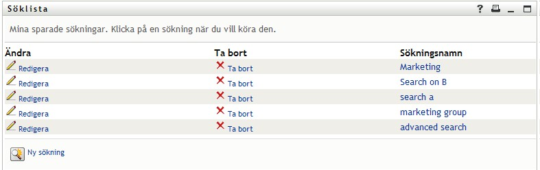 Lista över sparade sökningar på sidan Söklista