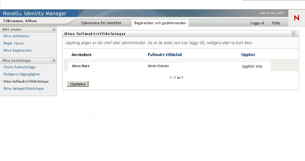 Sidan Mina fullmaktstilldelningar 