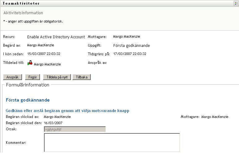 Formuläret Aktivitetsinformation