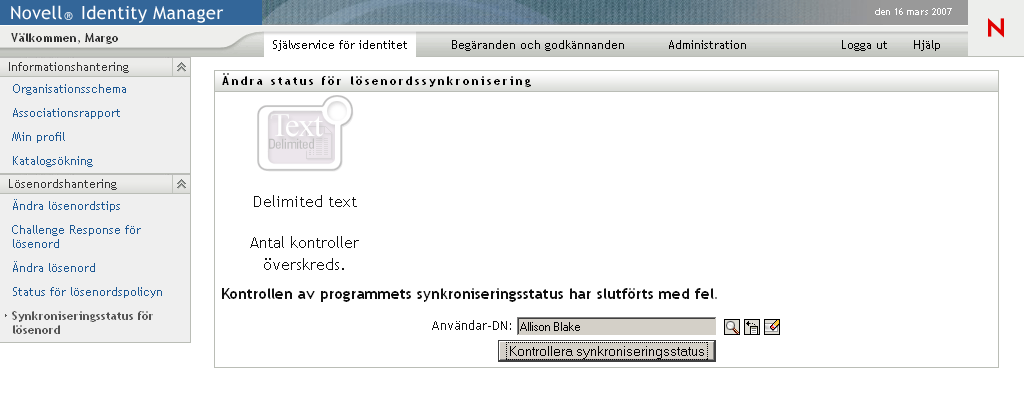 Sidan Synkroniseringsstatus för lösenord
