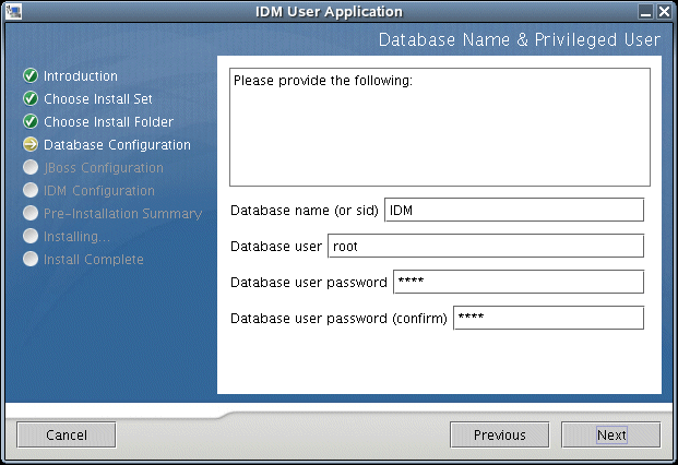 指定数据库名称和特权用户