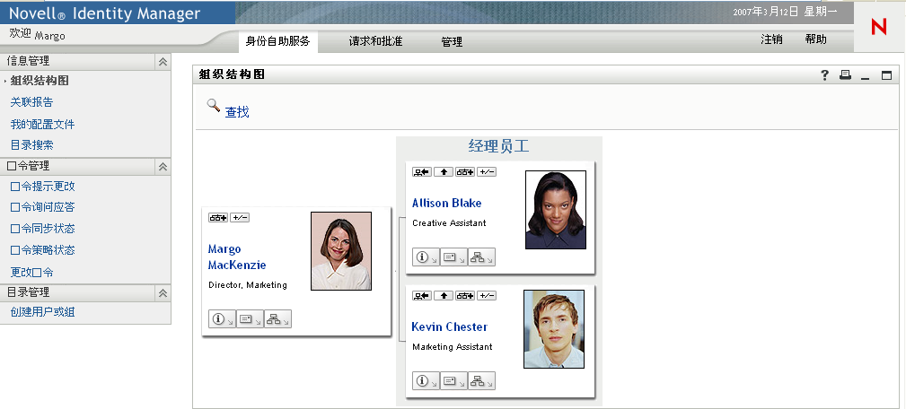 “身份自助服务”选项卡上的“组织结构图”页面
